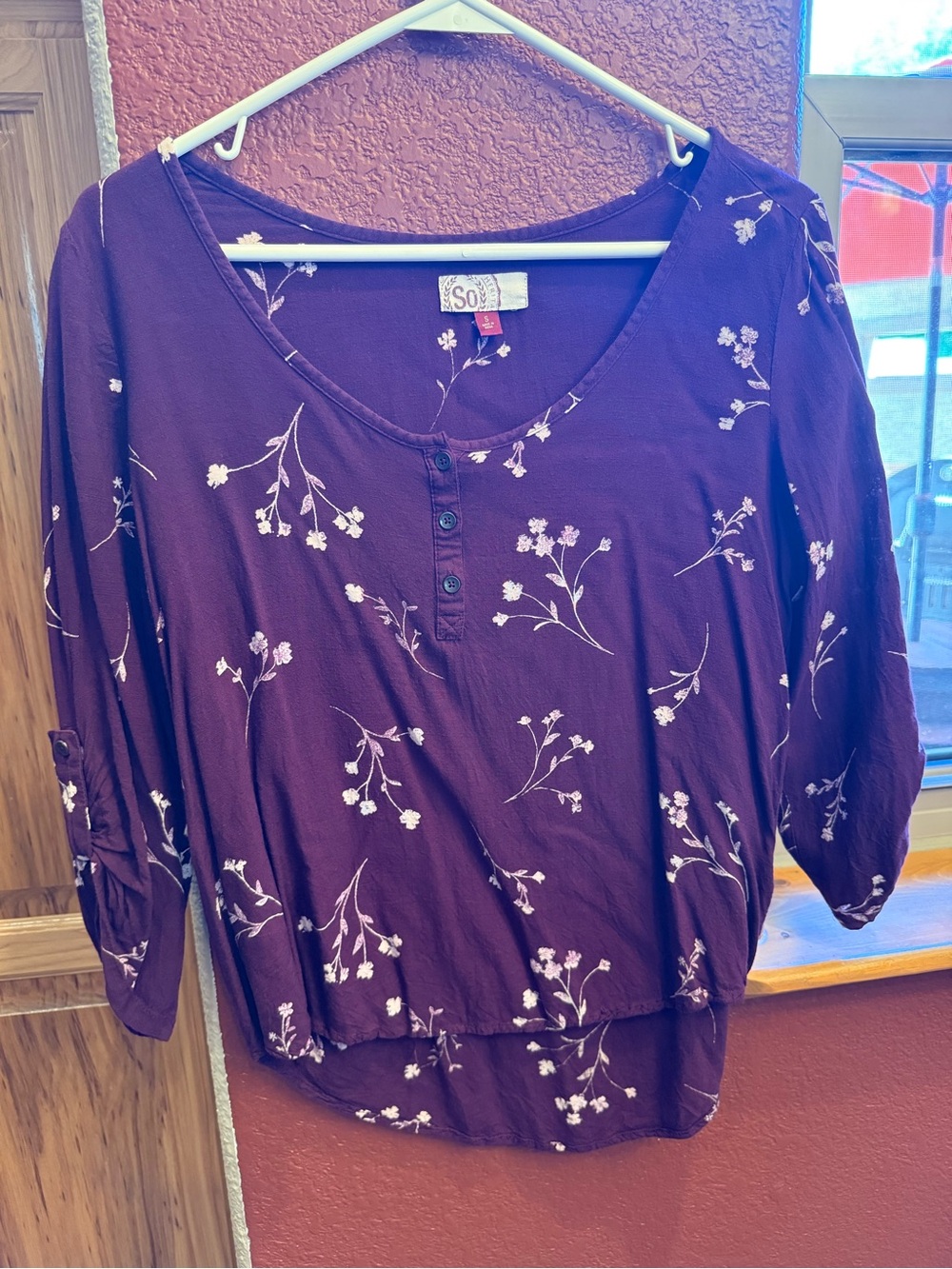SO Plum Floral Button-Up Henley Blouse